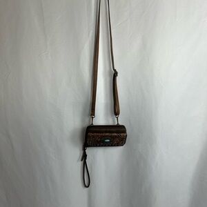 Justin Brown Tooled Leather Crossbody Bag with Turquoise Accent